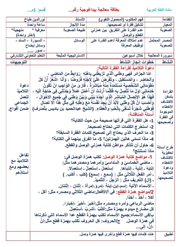 نموذج بطاقة معالجة بيداغوجيّة 1 متوسط دفتر النّصوص الكفاءة: فهم المكتوب (أ- المحمول الفكري المعيار: تحديد الفكرة العامة مع تبرير