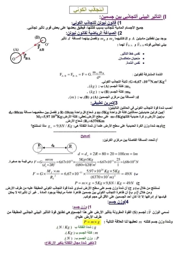 ملخص درس التجاذب الكوني. جدع مشترك