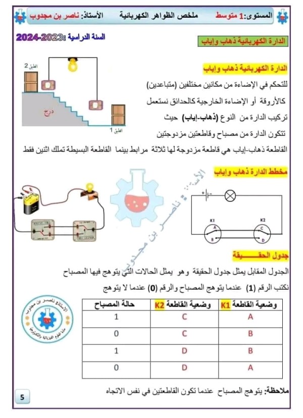 ملخص درس الظواهر الكهربائية فيزياء أولى 1 متوسط الدائرة الكهربائية ذهاب واياب و جدول الحقيقة