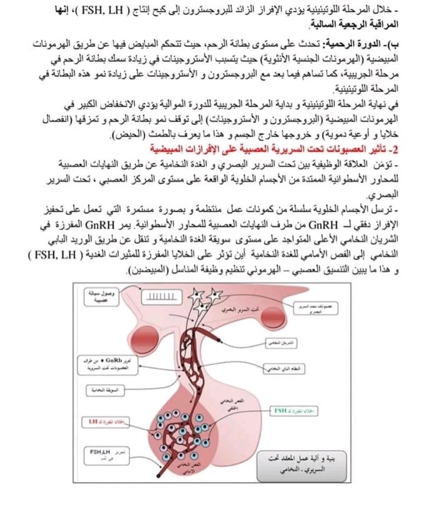 ملخص التنسيق العصبي الهرموني سنة 2 ثانوي تأثير العصبونات تحت السريرية على الاقرازات المبيضية