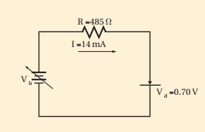 وصل دايود السليكون في اتجاه منحاز إلى الأمام مع مصدر قدرة من خلال مقاوم مقداره 485 Ω ، كما موضح أدناه ، إذا كان هبوط جهد الدايود يساوي 0.70 V ، فما مقدار جهد مصدر القدرة عندما يكون تيار الدايود 14 mA
