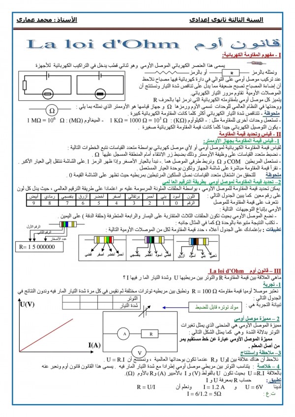 ملخص تحضير درس قانون اوم للسنة الثالثة إعدادي مفهوم قانون أوم 3 اعدادي