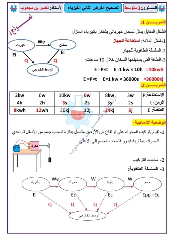 نماذج الفرض الثاني مادة الفيزياء مرفق بالحل السنة الثالثة 3 متوسط