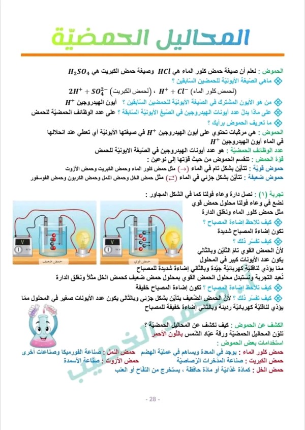 ملخص درس المحاليل الحمضيّة مع حل التدريبات الصف التاسع كيمياء حل درس المحاليل الحمضية