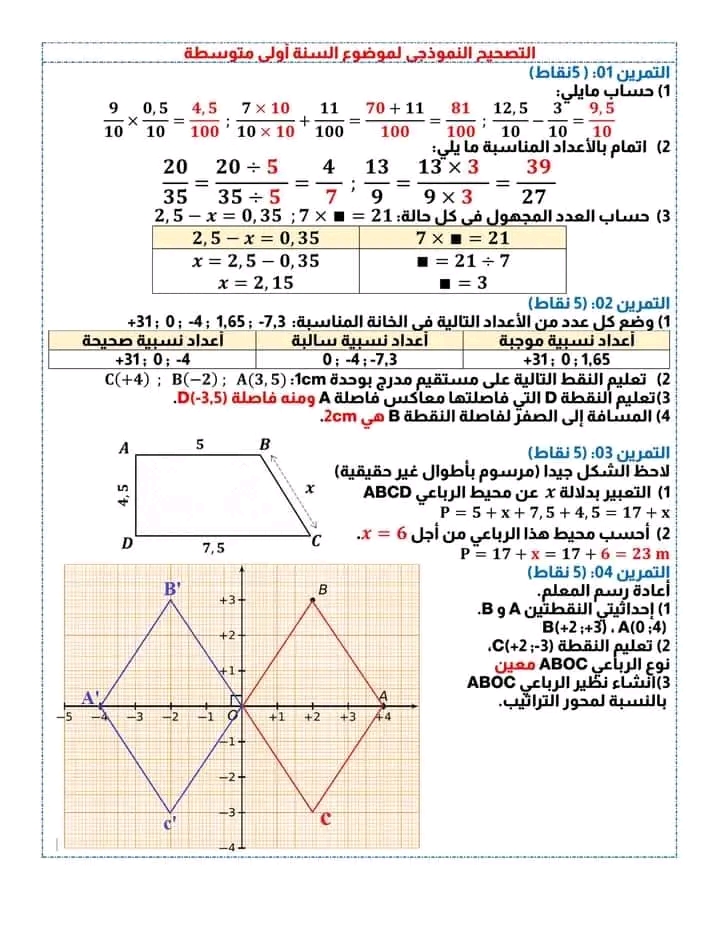 نموذج امتحان استدراكي رياضيات أولى 1 متوسط مع الحل 2023 تصحيح الاختبار الاستدراكي 1 متوسط