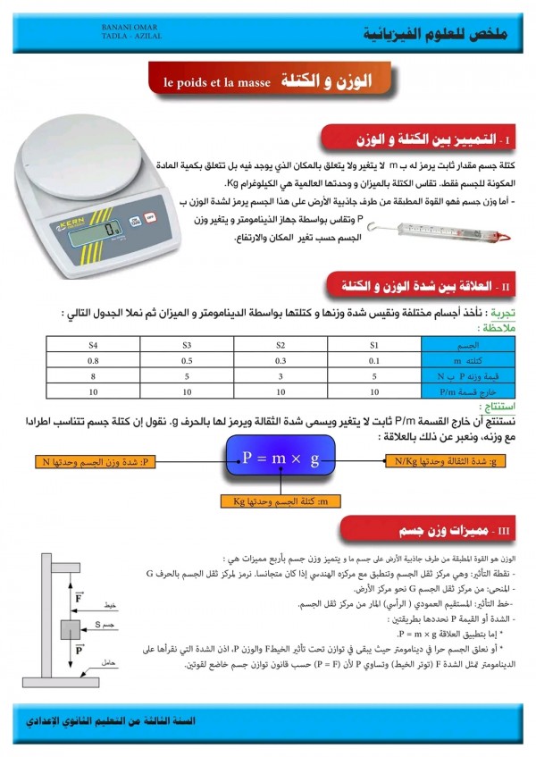 ملخص تحضير درس الوزن والكتلة للسنة الثالثة إعدادي مفهوم الوزن والكتلة 3 اعدادي