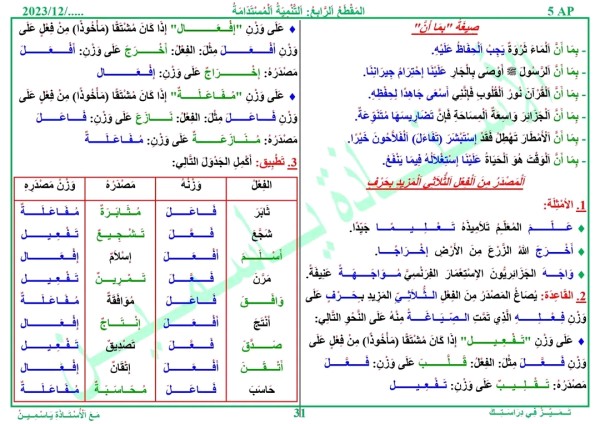 شرح صيغة بما أن المصدر من الفعل الثلاثي المزيد بحرف السنة الخامسة ابتدائي