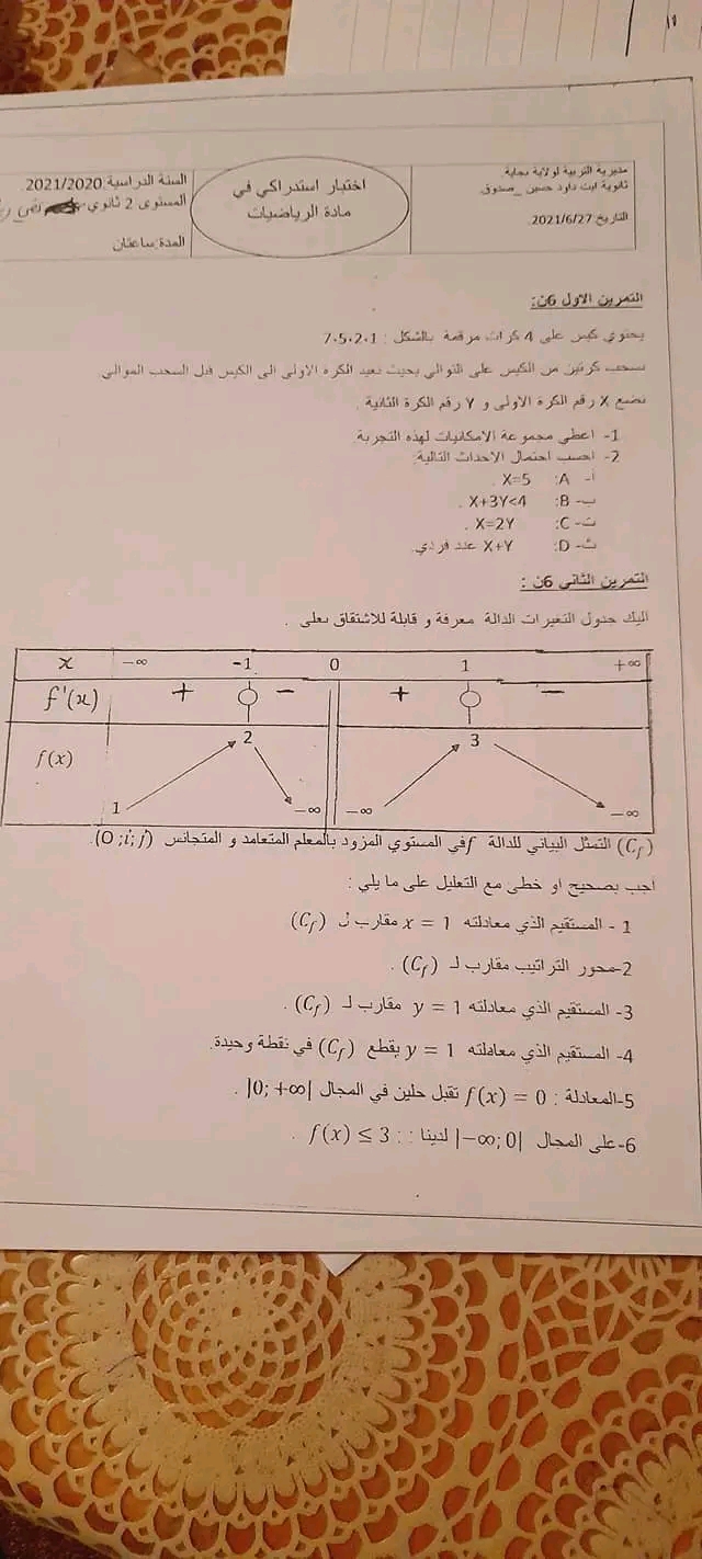 اختبار استدراكي في الرياضيات للسنة الثانية ثانوي