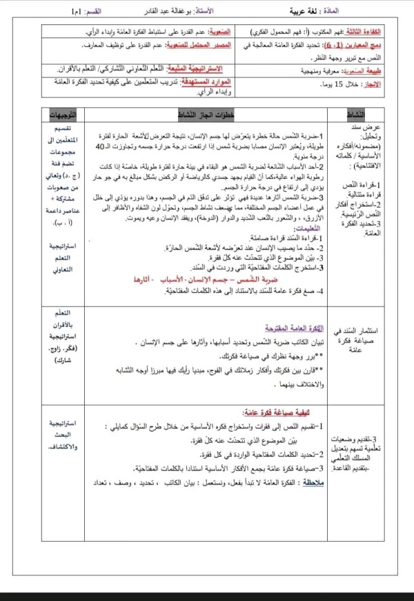 بطاقة معالجة بيداغوجية لفهم المحمول الفكري أولى متوسط