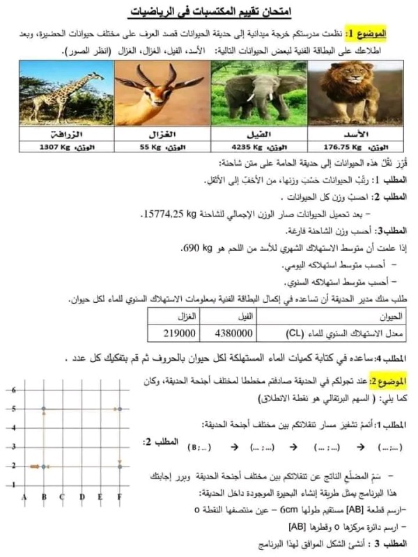 نموذج امتحان تقييم المكتسبات في مادة الرياضيات مع الحل السنة الخامسة ابتدائي 2024