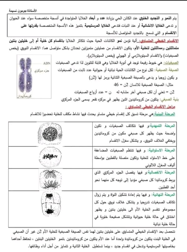 آليات النمو و التجديد الخلوي أولى ثانوي ملخص شامل لوحدة آليات النمو والتجديد الخلوي للسنة اولى جذع مشترك علوم وتكنولوجيا