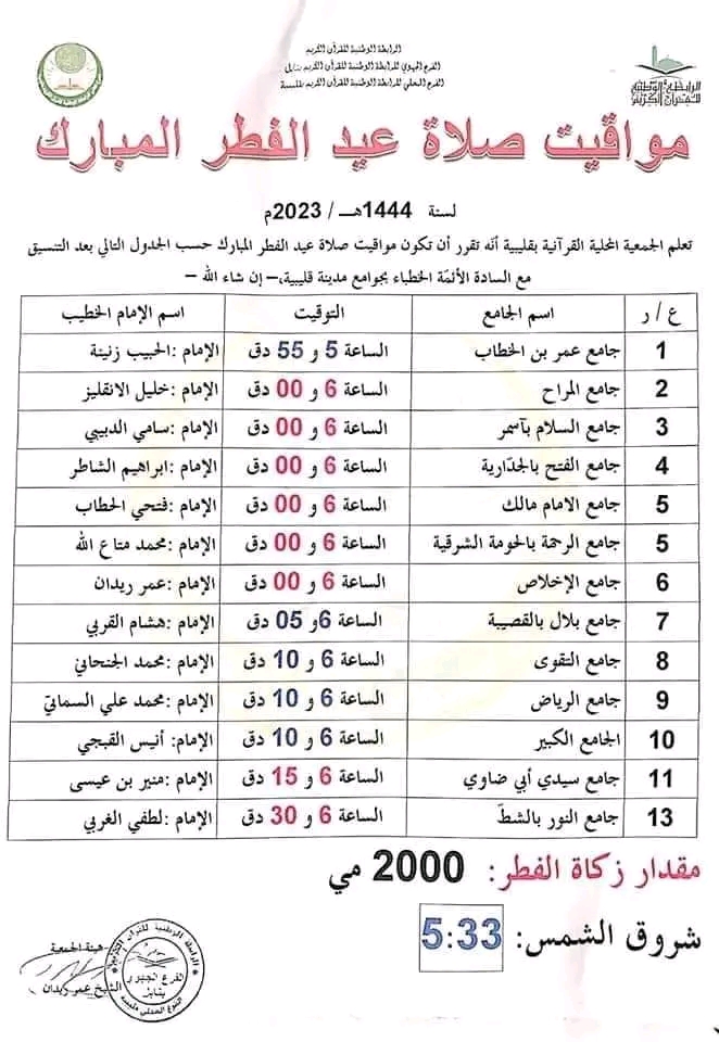 مواقيت صلاة عيد الفطر المبارك  ومقدار زكاة الفطر 1444 2023 بجوامع مدينة قليبية