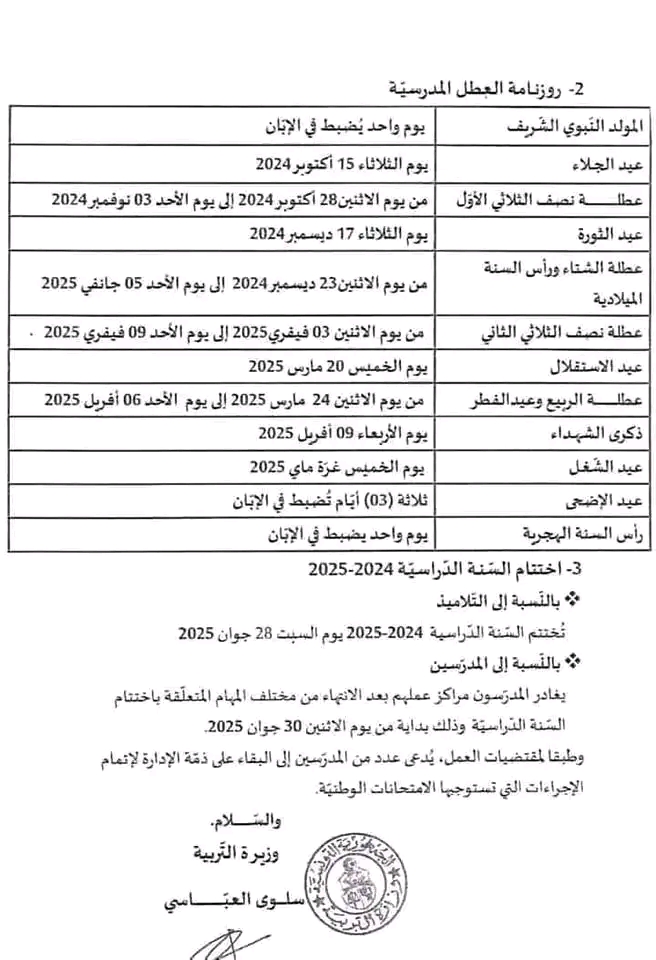 رزنامة العطل المدرسية 2024 2025 تونس