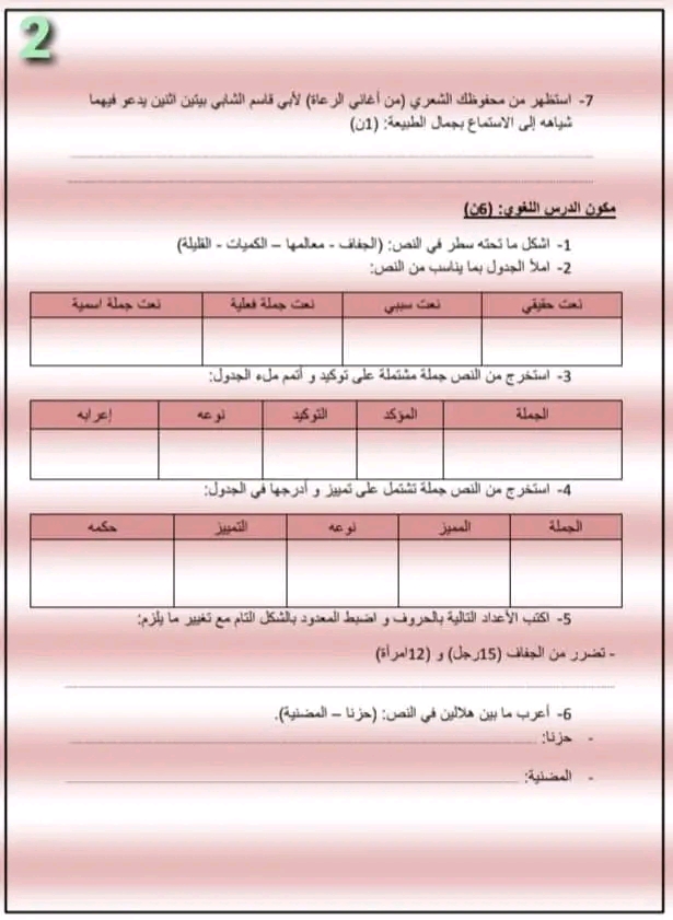 نموذج رقم 2 إمتحان الدورة الثانية لغة عربية سنة ثانية ثانوي  1/3 اعدادي الاسدوس الثاني