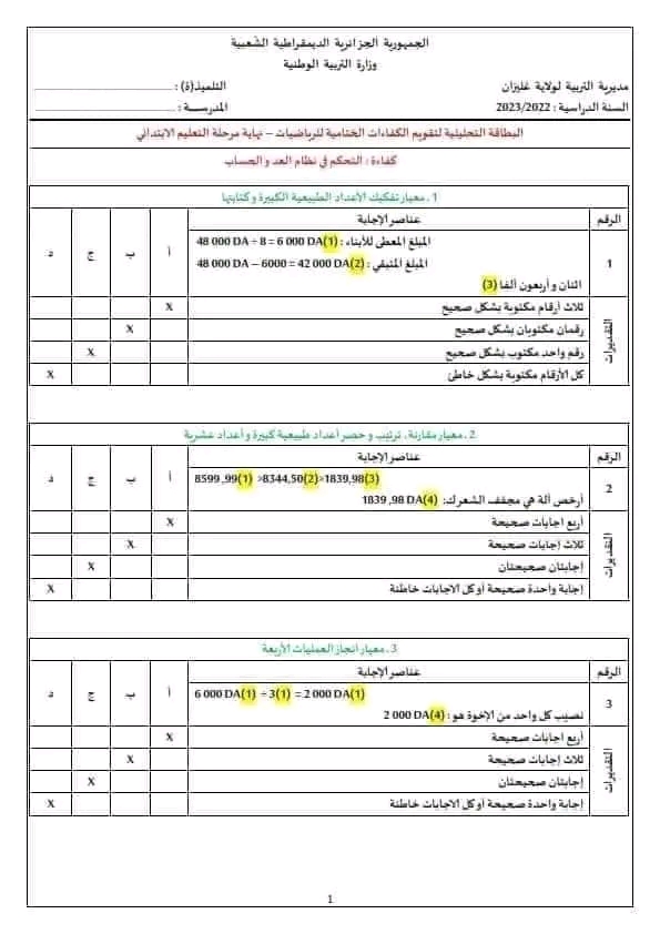 امتحان تقييم مكتسبات نهاية مرحلة التعليم الابتدائي 2023 رياضيات نموذج امتحان تقييم المكتسبات في مادة الرياضيات سنة خامسة ابتدائي 2022 2023