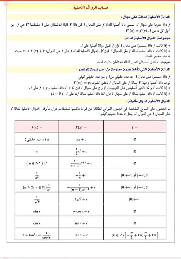 حساب الدوال الأصلية السنة الثالثة شعب علمية الدالة الأصلية لدالة على مجال سنة 3 ثانوي