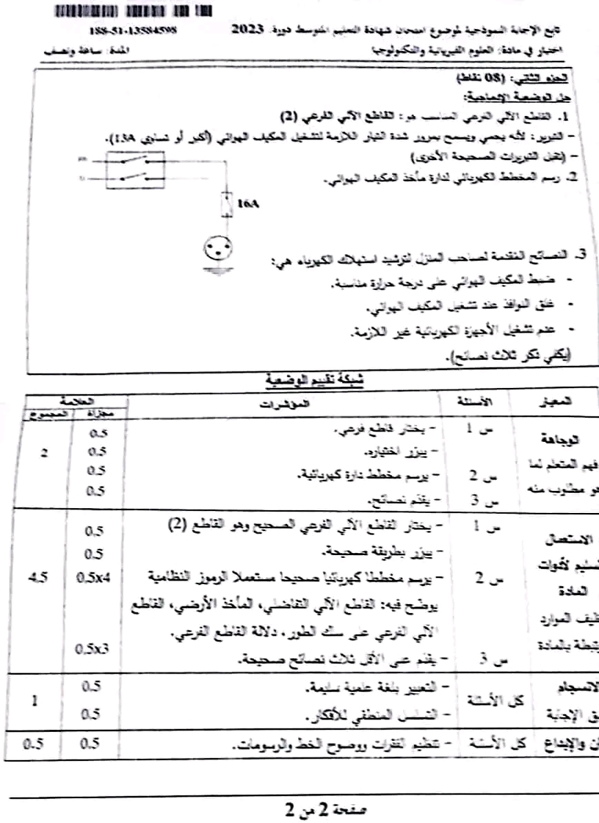 الإجابة النموذجية لامتحان العلوم الفيزيائية و التكنولوجيا شهادة التعليم المتوسط دورة 2023