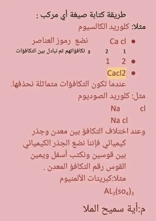 جدول العناصر الكيميائية والحموض والجذور وتكافؤاتها مع طريقة كتابة صيغة كيميائية للصف التاسع