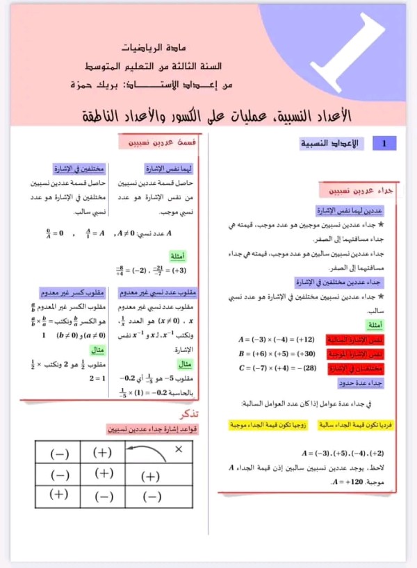 ملخص الأعداد النسبية  العمليات على الكسور و الأعداد الناطقة رياضيات 3 متوسط