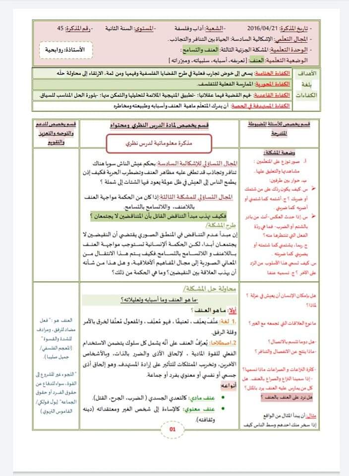 مذكرة فلسفة ملخص درس العنف والتسامح للسنة الثانية ثانوي شعبة آداب و فلسفة ·الحياة بين التنافر والتجاذب